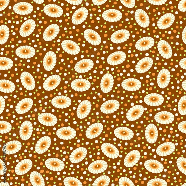 Fototapeta Seamless pattern of small flowers on a brown background. Cute floral print. Daisy flowers combined with peas. Vector illustration.