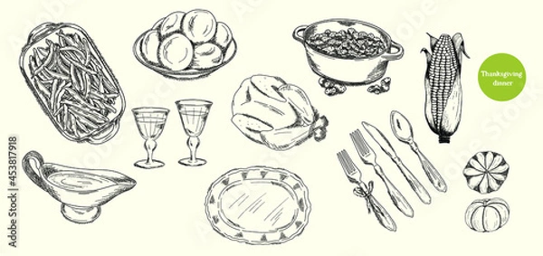 Fototapeta Thanksgiving dinner, view. Food vector illustrations for tradition festive menu. Thanksgiving turkey, bfall seasonal vegetables, cranberry sauce, green beans, pumpkin, cutlery, glass, gravy and corn.