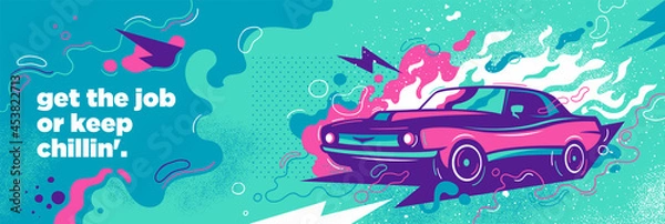 Fototapeta Abstract lifestyle graffiti design with retro car, splashing shapes and slogan. Vector illustration.