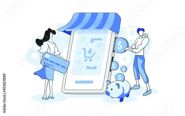 Obraz Cashback vector illustration, Making online purchase abstract concept, Loyalty program,  Money refund program, Online banking, mobile Payment, shopping, saving money piggy bank.