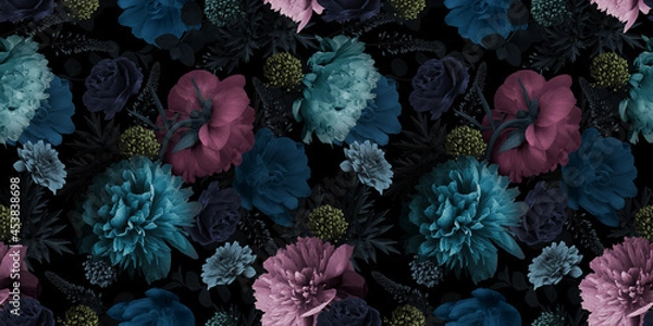 Fototapeta Floral seamless pattern. Multicolored flowers peonies on a black background.