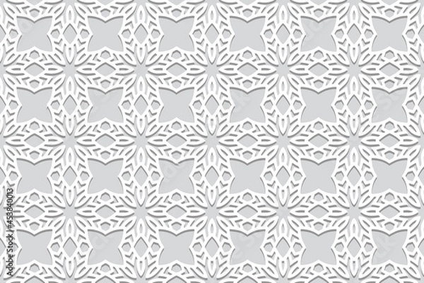 Fototapeta Geometric volumetric convex ethnic 3D pattern. Embossed trendy white background. Cut paper effect. Oriental, Indonesian, Asian motives in arabesque style, lace texture.