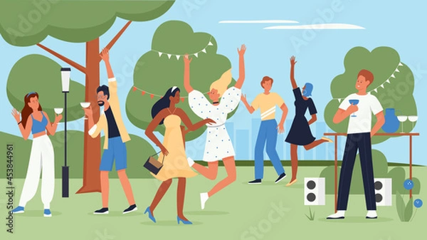 Fototapeta Happy people dance to music at fun party vector illustration. Cartoon crowd of young man woman characters dancing and drinking drinks, dancers celebrate event with joy in summer park background