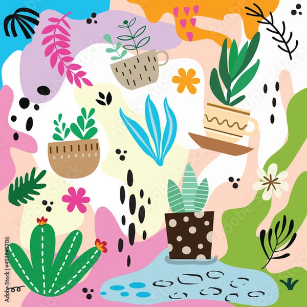 Fototapeta Color splash abstract background for design. Design banner frame. Colorful background with tropical plants. Place for your text.