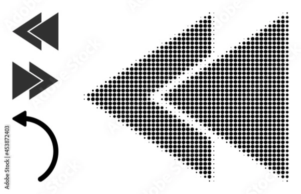 Fototapeta Halftone fast back rewind. Dotted fast back rewind generated with small circle points. Vector illustration of fast back rewind icon on a white background. Halftone array contains circle points.