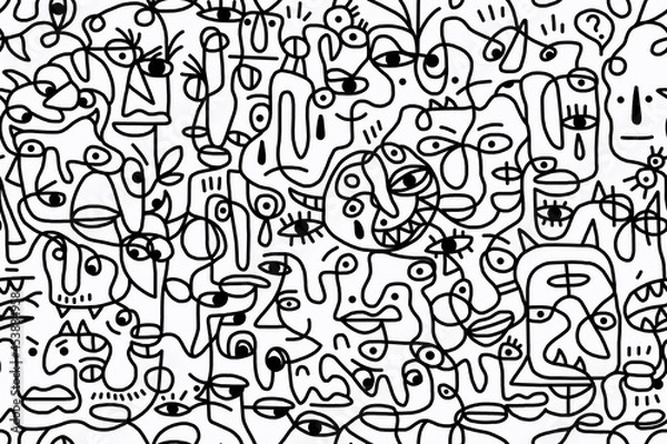 Obraz Black and white cartoon pattern on a white background, abstract design, seamless background.