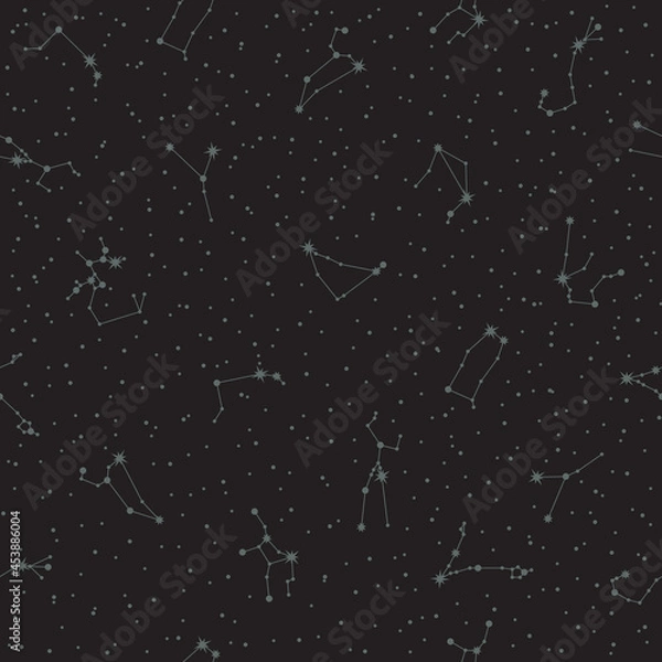 Fototapeta Vector zodiac constellations. Celestial seamless pattern. Stylized astronomical star systems in grey color on a black background. Backdrop with astrological horoscope signs