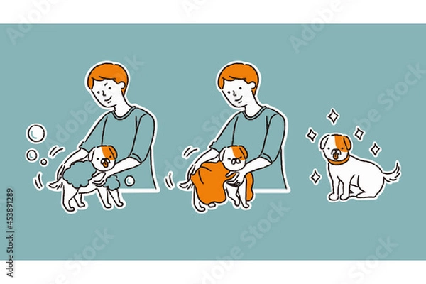 Obraz 犬をシャンプーする流れ（シンプル）