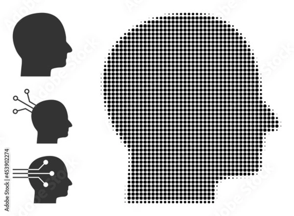 Fototapeta Halftone human head. Dotted human head generated with small circle pixels. Vector illustration of human head icon on a white background. Halftone array contains round pixels.