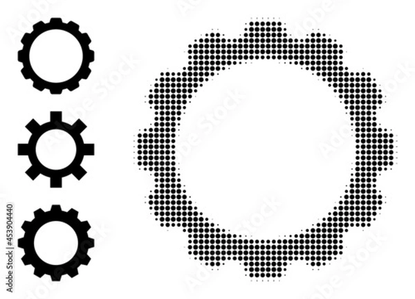 Fototapeta Halftone gearwheel. Dotted gearwheel designed with small round dots. Vector illustration of gearwheel icon on a white background. Halftone pattern contains circle dots.