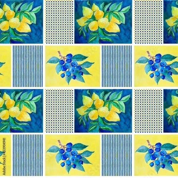 Fototapeta Watercolor pattern with a branch of lemons and blueberries for tablecloth or packaging in a cafe