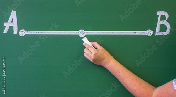 Obraz A segment with two dots drawn in white chalk on a green blackboard and a space for copying. Concept-math lesson or business success