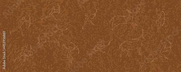 Fototapeta Elegant vector bright background in orange-brown tones with texture of spots and drawings in the style of Lascaux cave. Abstract background with contours of bulls and hunters with bows. Rock paintings