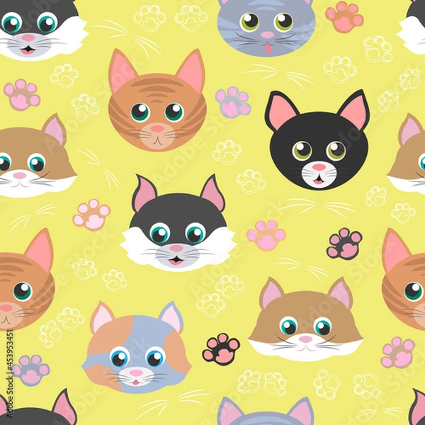 Fototapeta Vector seamless pattern with muzzles of cats of different breeds isolated on yellow background. Cartoon childish illustration with emotional faces and paws of cats. Black, red, spotted, striped cats.