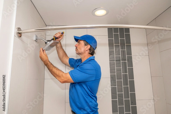 Fototapeta Plumber installing showerhead