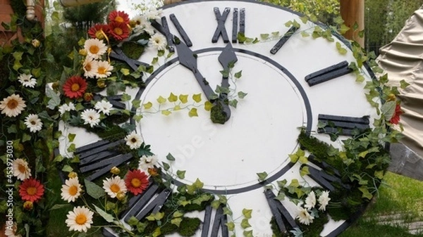 Fototapeta Large wall clock on the field in blooming flowers, showing the time 11:55, 12:00. time management concept, daylight saving time. Spring or wedding. Picnic for womens day