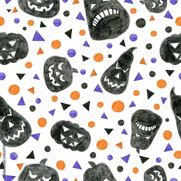 Obraz Halloween seamless pattern with a pumpkins On a white background. For printing fabric, Wallpaper, packaging, wrapping paper, greeting cards and invitations.