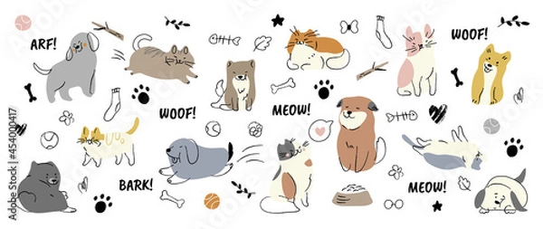 Obraz Cute dogs doodle vector set. Cartoon dog or puppy characters design collection with flat color in different poses. Set of funny pet animals isolated on white background.