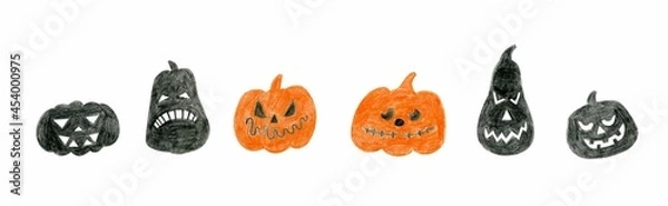 Obraz Set of halloween pumpkins, with carved faces silhouettes on white background. Autumn holidays.