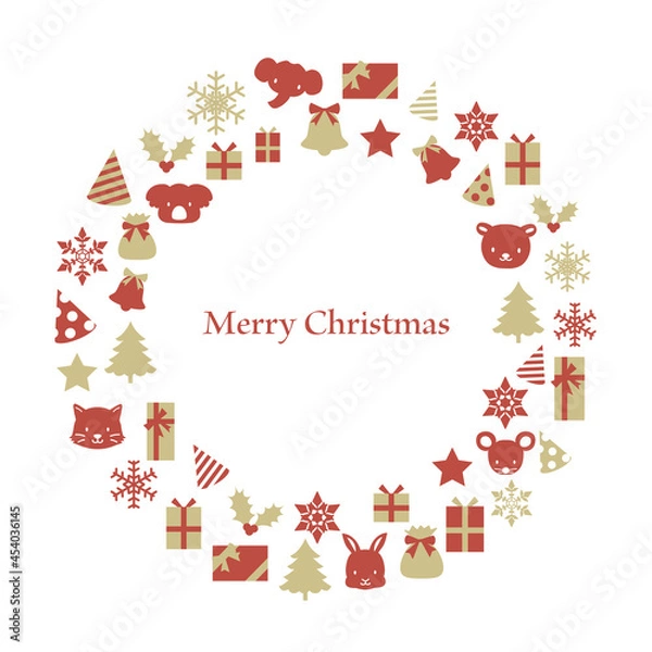 Fototapeta クリスマスのリース型フレーム　ゴールドと赤