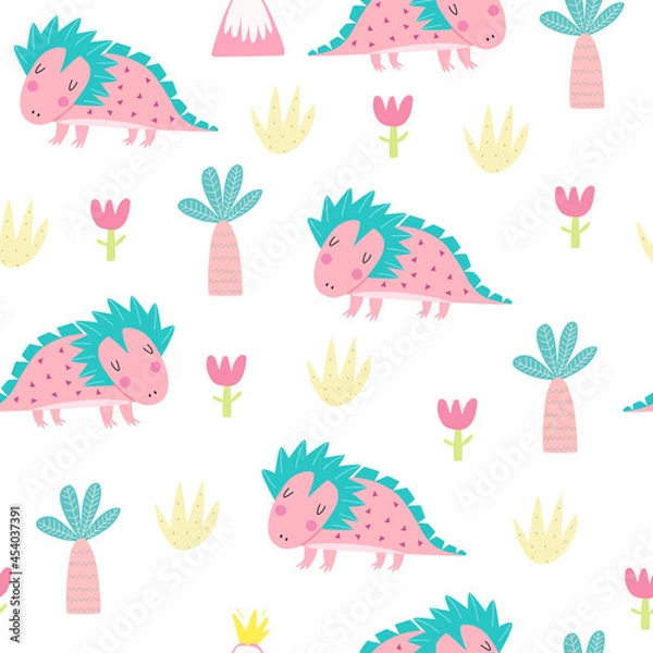 Fototapeta Cute hand drawn dinosaur. Hand drawn illustration - cute cartoon dinosaur seamless pattern