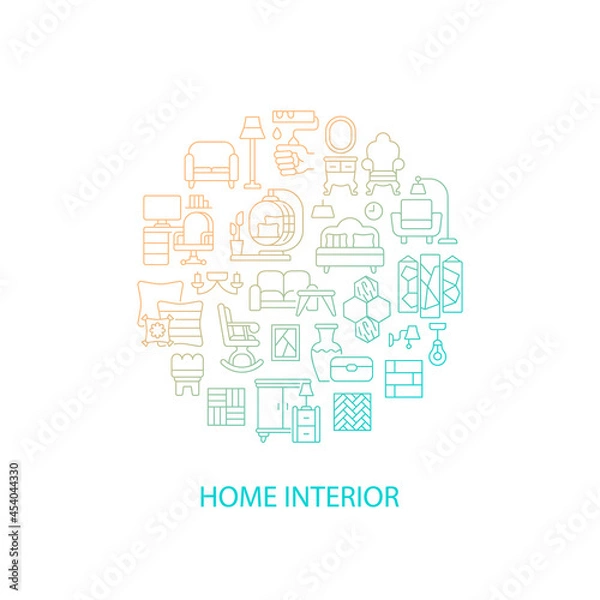 Fototapeta Home interior abstract gradient linear concept layout with headline. Furniture and house decor minimalistic idea. Thin line graphic drawings. Isolated vector contour icons for background