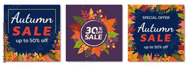 Fototapeta Autumn sale banner set with fall leaves. Square floral backgrounds with foliage frame. Promotion poster, social media post, discount card or flyer design template. Vector illustration. 