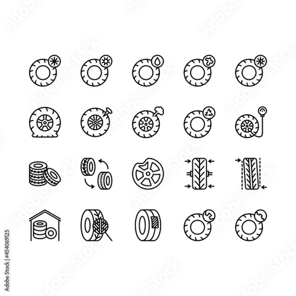 Fototapeta Tire, Tyre and wheel flat line icons set. Car wheel summer and winter icon. Tyre maintenance. Automobile wheel balancing service. Simple flat vector illustration for web site or mobile app