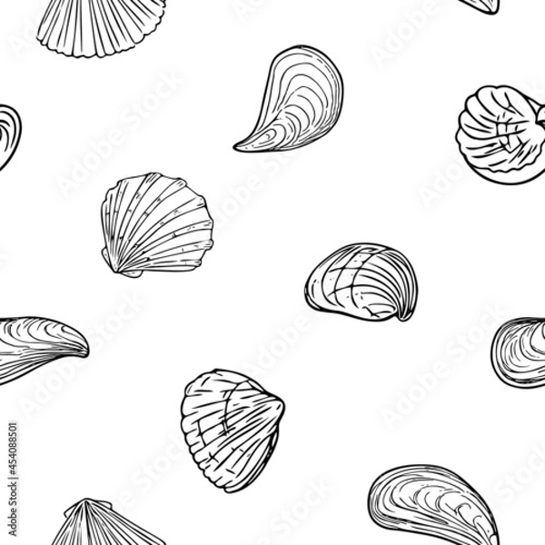 Fototapeta Pattern with seashells, doodle hand-drawn sea symbols.Seamless wallpaper. Fossils painted by ink, pen. Line, minimalism. Simple sketchy backdrop. Isolated. Vector illustration.