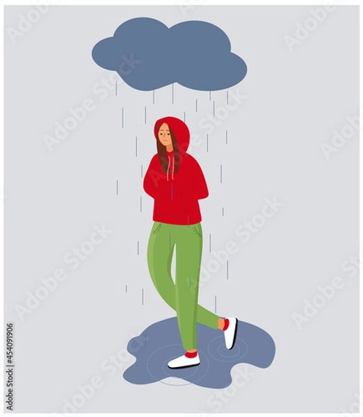 Fototapeta A sad girl in a red sweatshirt in a hood walks through the puddles in the rain. Autumn vertical flat illustration.