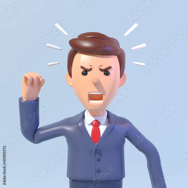 Fototapeta 3d render of an angry businessman shouting, and showing fist. Angry boss displeased with results