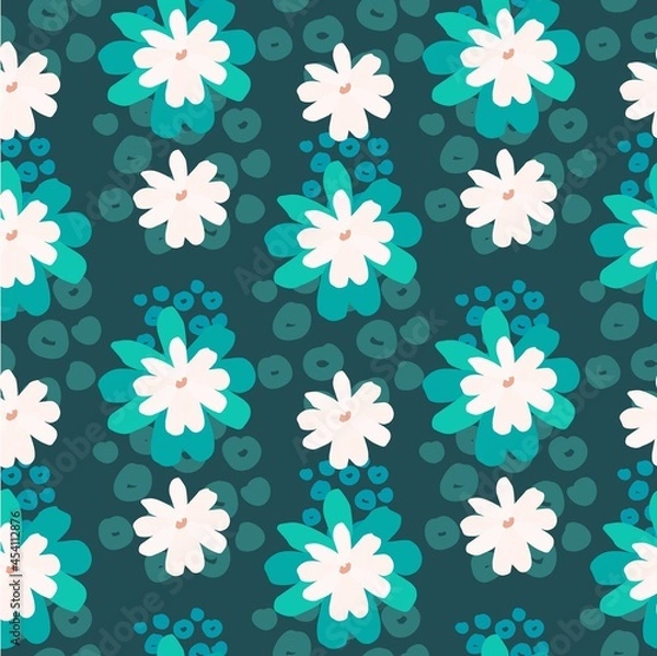 Obraz Vector seamless pattern of daisy flowers on the green turquoise background. 