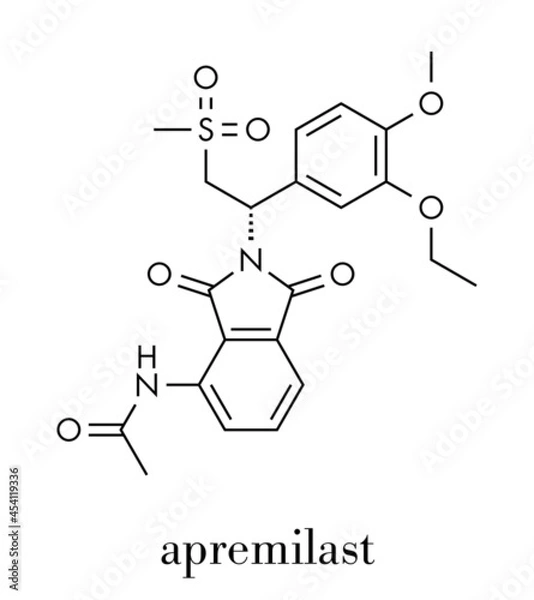 Fototapeta Apremilast investigational psoriasis drug molecule. Skeletal formula.