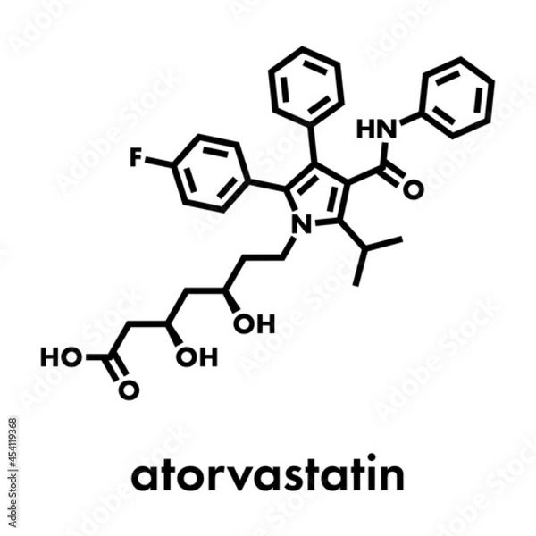 Fototapeta Atorvastatin cholesterol lowering drug (statin class) molecule. Skeletal formula.