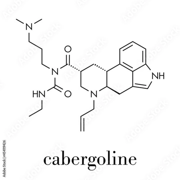 Fototapeta Cabergoline drug molecule. Used in Parkinson's disease and other disease conditions. Skeletal formula.