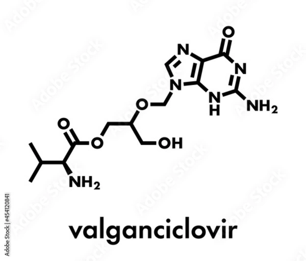Fototapeta Valganciclovir cytomegalovirus (CMV, HCMV) drug molecule. Skeletal formula.