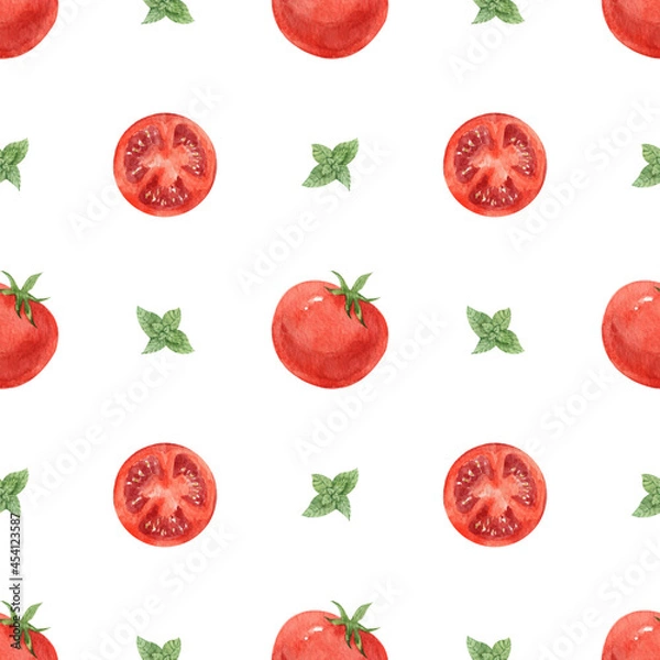 Fototapeta Watercolor seamless background with tomato on a white background.  Menu design, textile design, printing.