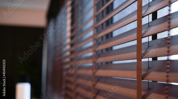 Fototapeta Venetian wood blinds for modern house or office interior shading shutter curtain design