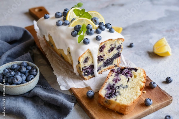 Fototapeta Lemon blueberry loaf of bread cake with sugar glaze