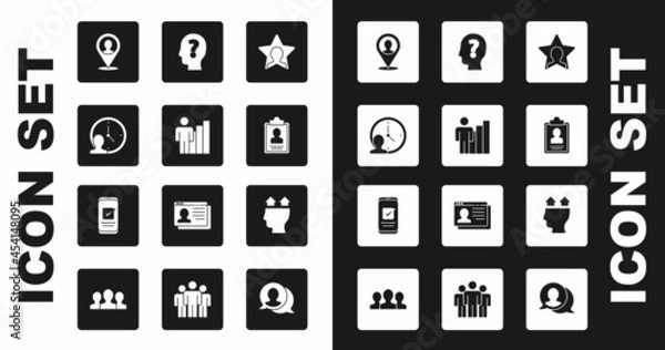 Fototapeta Set Head hunting, Productive human, Time Management, Location with person, Clipboard resume, question mark, User of and Smartphone icon. Vector