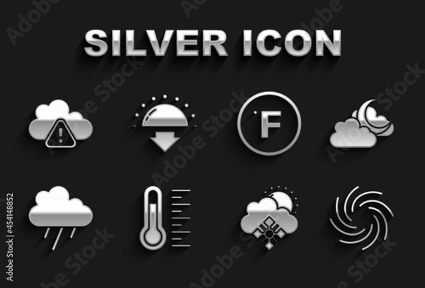 Fototapeta Set Meteorology thermometer, Cloud with moon, Tornado, snow and sun, rain, Fahrenheit, Storm warning and Sunset icon. Vector