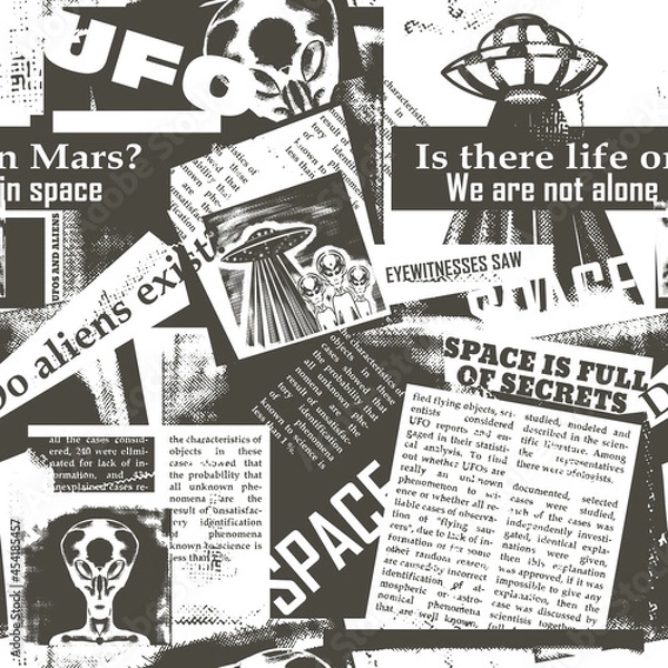 Obraz Vintage seamless pattern with a collage of newspaper clippings with articles about UFOs and aliens. Background with old, unreadable text, titles and illustrations on the theme of space.