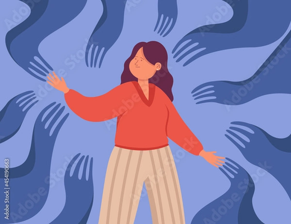 Fototapeta Creepy hands crawling towards female cartoon character. Woman indebted or attached to bad people, controlled by power of fear or addiction flat vector illustration. Influence, manipulation concept