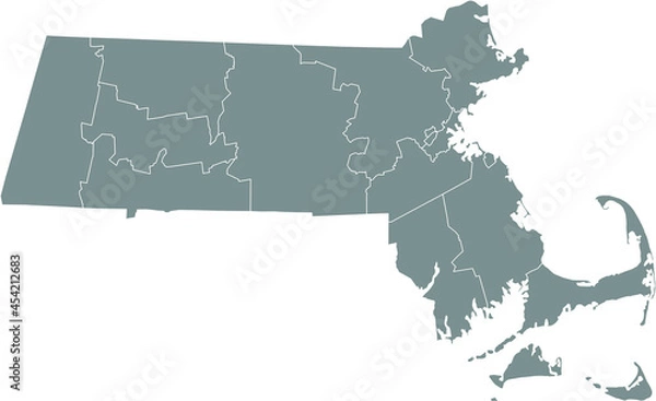 Fototapeta Gray vector map of the Federal State of Massachusetts, USA with white borders of its counties