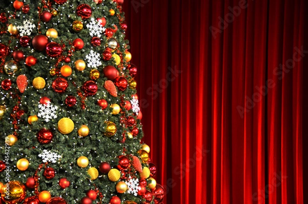 Obraz Christmas tree against red drapery