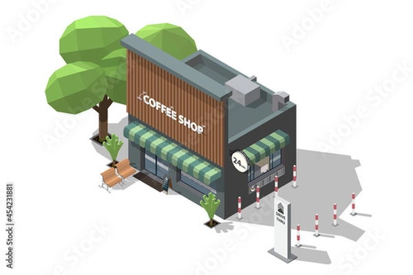 Obraz Isometric coffee shop and bench to sit and wait at the entrance 3D model of a coffee shop and Drive Thru take away pick up point vector illustration isolated on white backgrounds