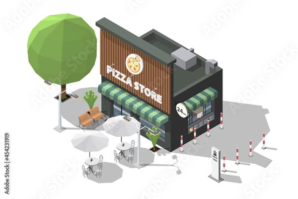 Obraz Isometric pizza shop or pizza store and bench to sit and wait at the entrance 3D model of restaurant and Drive Thru take away pick up point vector illustration isolated on white backgrounds