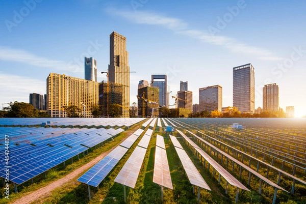 Obraz Eco-environmentally friendly green energy of sustainable development of solar power plant with nanchang skyline
