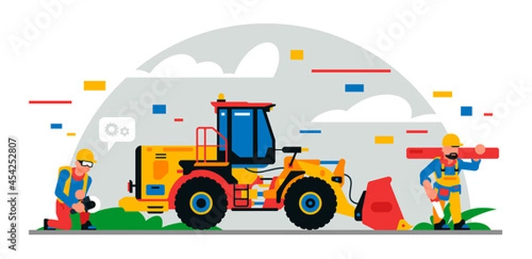 Fototapeta Construction equipment and workers at the site. Colorful background of geometric shapes and clouds. Builders, construction equipment, maintenance personnel, excavator, carpenter. Vector illustration.
