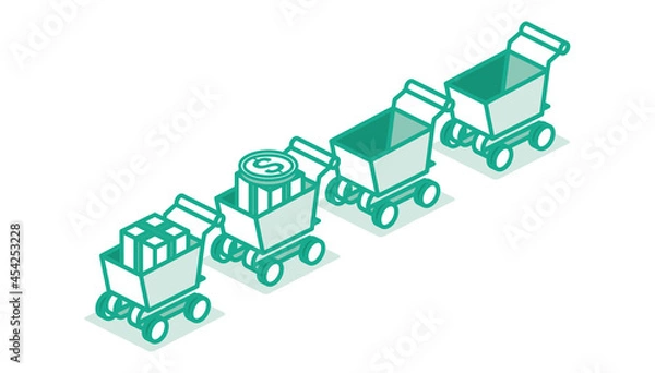 Fototapeta Isometric Shopping Supermarket Cart Standing in Row. Outline Concept.